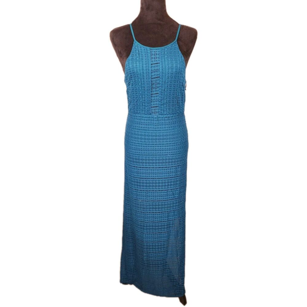 Shinestar Maxi Dress Womens Medium Teal Halter Crochet Festival Y2K Romantic NWT
